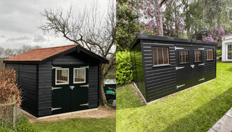 Two large black sheds: on the left, a double door fronted shed with an apex roof with cedar shingle roof. To the right, a pent roof with double door front.